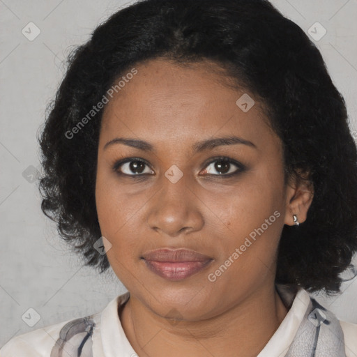 Joyful black young-adult female with medium  black hair and brown eyes