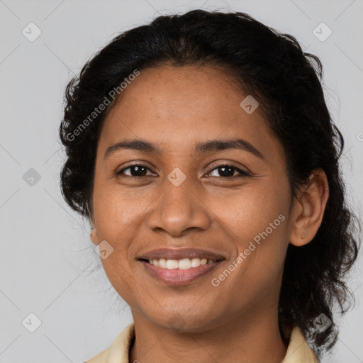 Joyful latino young-adult female with medium  brown hair and brown eyes