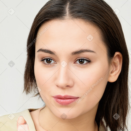 Neutral white young-adult female with medium  brown hair and brown eyes