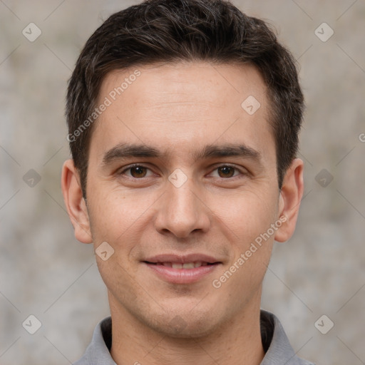 Joyful white young-adult male with short  brown hair and brown eyes