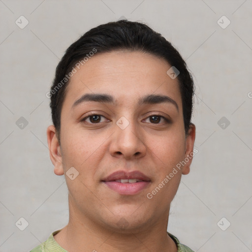 Joyful white young-adult female with short  brown hair and brown eyes