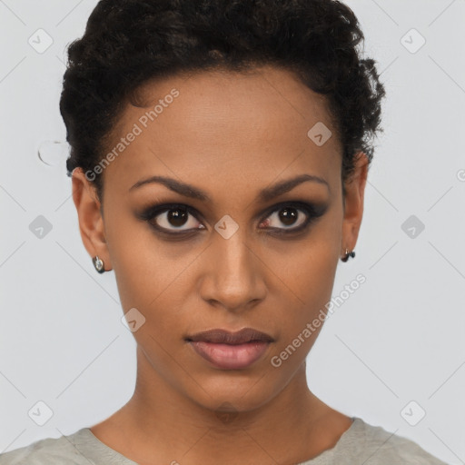 Neutral black young-adult female with short  brown hair and brown eyes