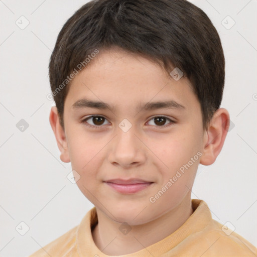 Joyful white child male with short  brown hair and brown eyes