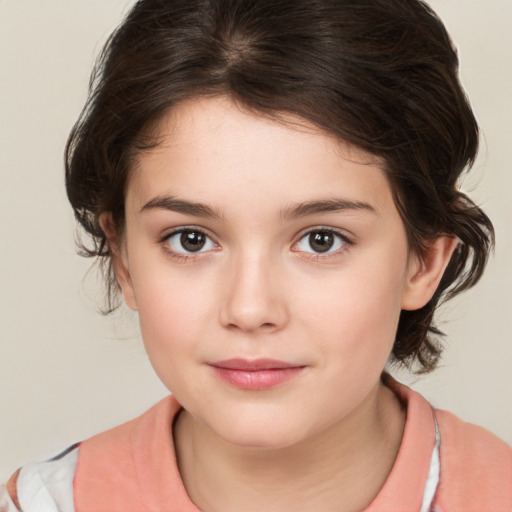 Joyful white child female with medium  brown hair and brown eyes