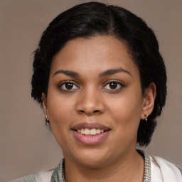 Joyful latino young-adult female with medium  black hair and brown eyes