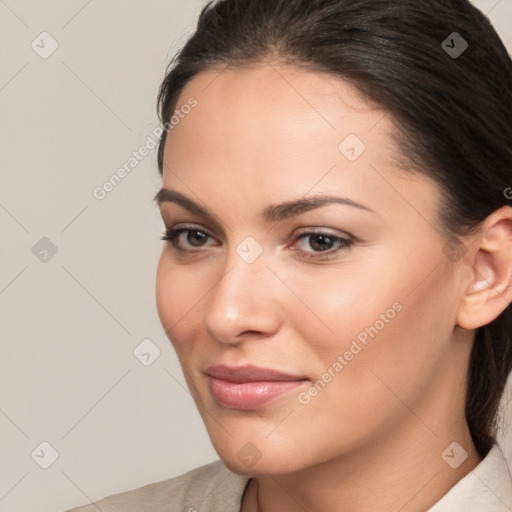 Neutral white young-adult female with medium  brown hair and brown eyes