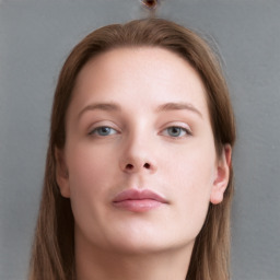 Neutral white young-adult female with long  brown hair and grey eyes