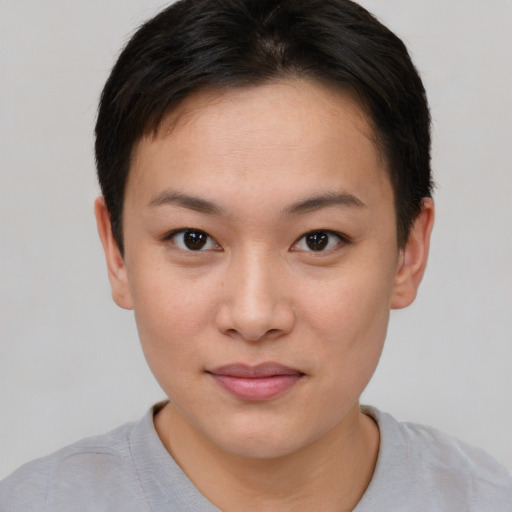 Joyful asian young-adult female with short  brown hair and brown eyes