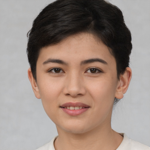 Joyful asian young-adult female with short  brown hair and brown eyes