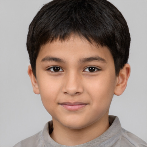 Joyful asian child male with short  brown hair and brown eyes