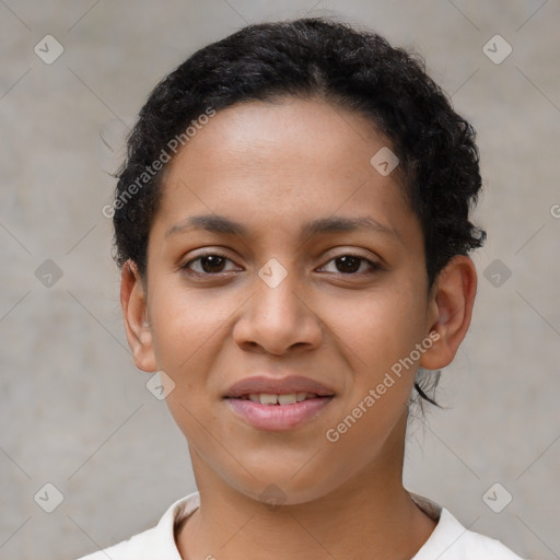 Joyful latino young-adult female with short  black hair and brown eyes