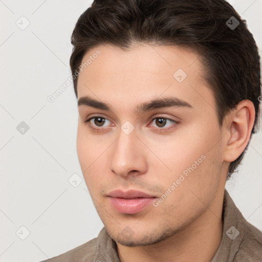 Neutral white young-adult male with short  brown hair and brown eyes