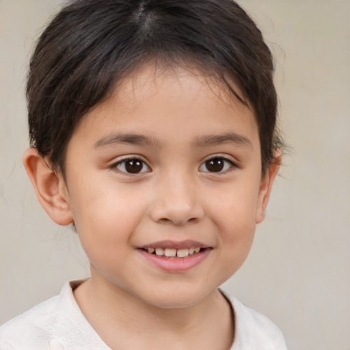 Joyful white child female with medium  brown hair and brown eyes