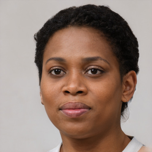 Joyful black young-adult female with short  black hair and brown eyes