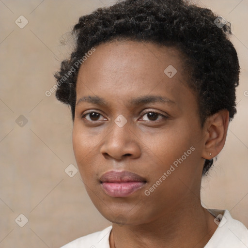 Neutral black young-adult female with short  black hair and brown eyes