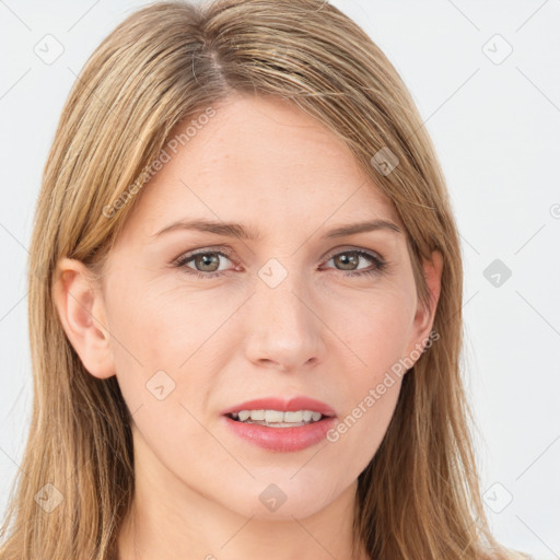 Joyful white young-adult female with long  brown hair and green eyes