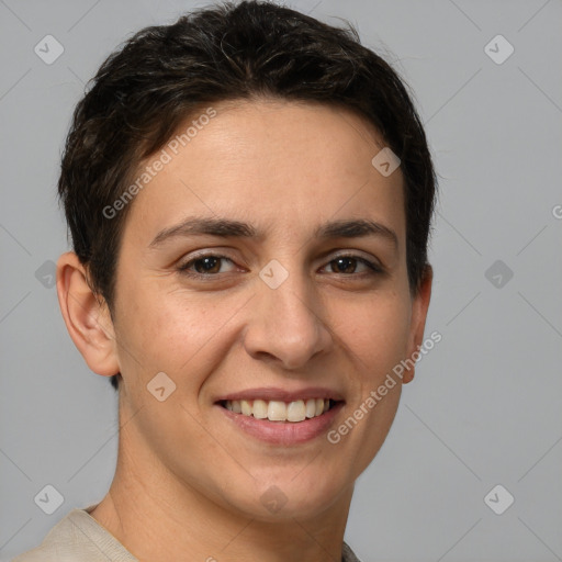 Joyful white young-adult female with short  brown hair and brown eyes