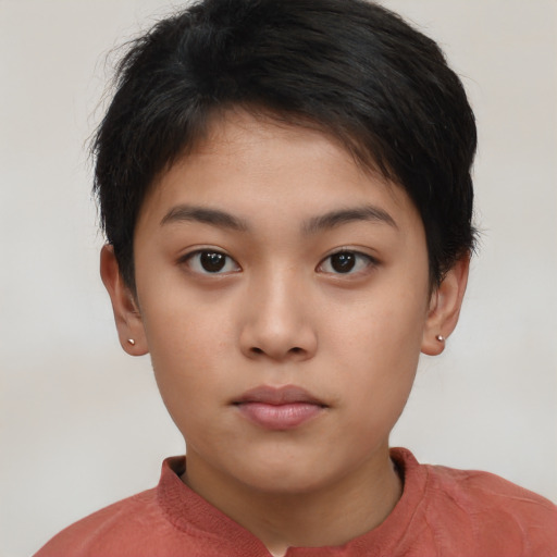 Neutral asian child female with short  brown hair and brown eyes