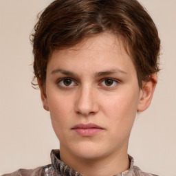 Neutral white young-adult female with short  brown hair and brown eyes