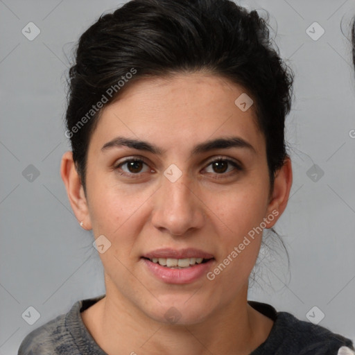 Joyful white young-adult female with short  brown hair and brown eyes