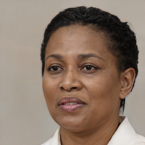 Joyful black adult female with short  black hair and brown eyes