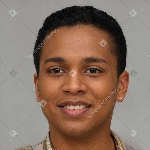 Joyful latino young-adult male with short  black hair and brown eyes