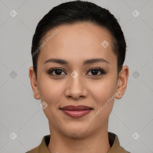 Joyful white young-adult female with short  brown hair and brown eyes