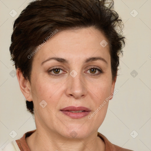 Joyful white adult female with short  brown hair and brown eyes