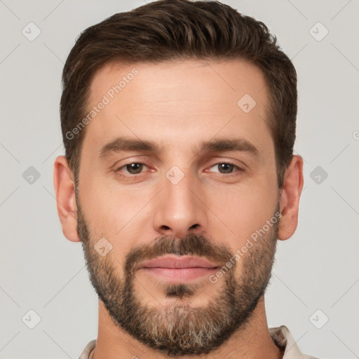 Joyful white young-adult male with short  brown hair and brown eyes