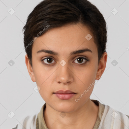 Neutral white young-adult female with short  brown hair and brown eyes