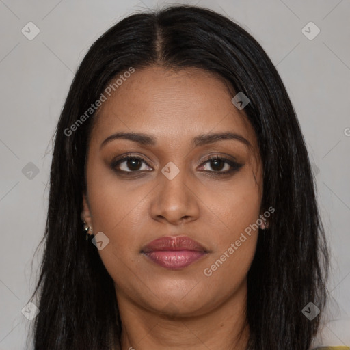 Joyful latino young-adult female with long  brown hair and brown eyes