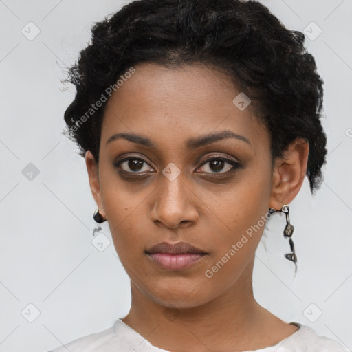 Neutral black young-adult female with short  black hair and brown eyes