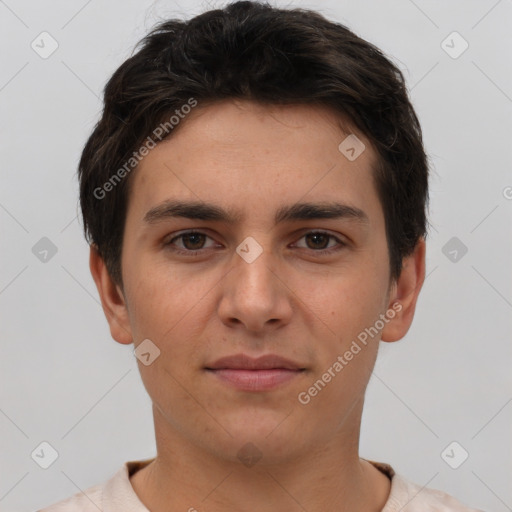 Neutral white young-adult male with short  brown hair and brown eyes