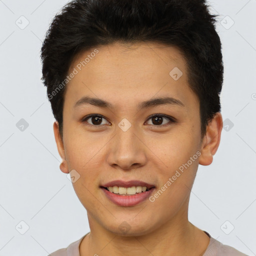 Joyful latino young-adult female with short  brown hair and brown eyes