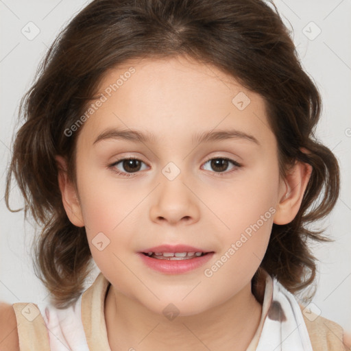 Joyful white child female with medium  brown hair and brown eyes