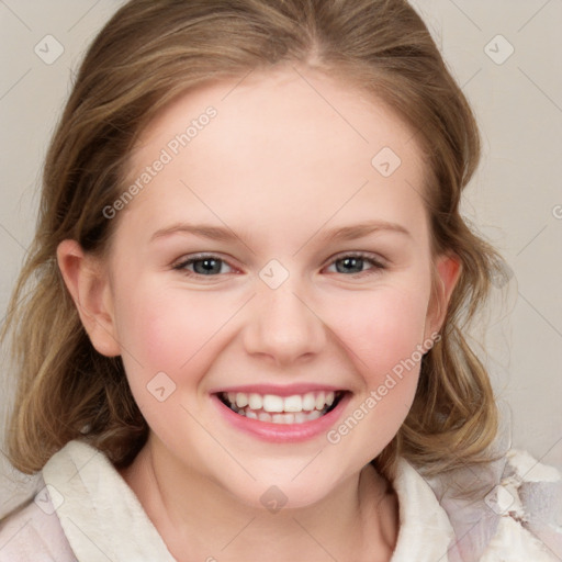 Joyful white child female with medium  brown hair and blue eyes