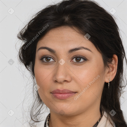 Joyful latino young-adult female with long  brown hair and brown eyes