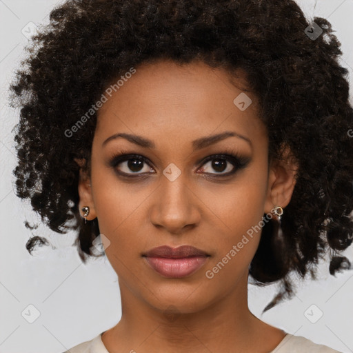 Neutral black young-adult female with medium  brown hair and brown eyes