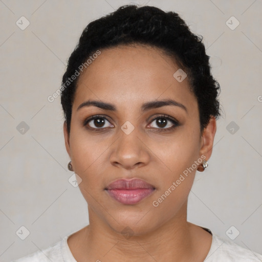 Neutral latino young-adult female with short  black hair and brown eyes