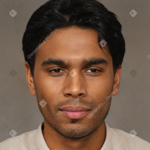 Neutral latino young-adult male with short  black hair and brown eyes