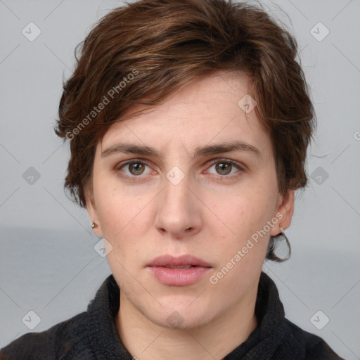 Neutral white young-adult female with short  brown hair and brown eyes