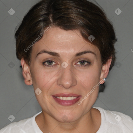 Joyful white adult female with short  brown hair and brown eyes