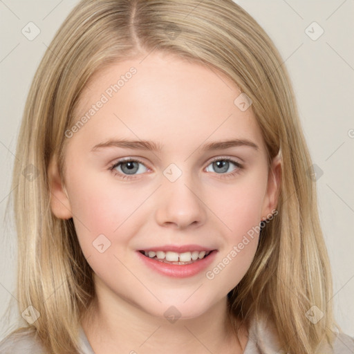 Joyful white child female with medium  brown hair and grey eyes