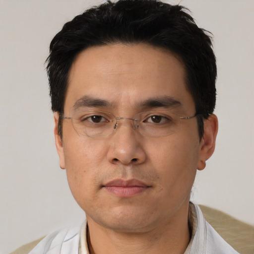 Neutral asian adult male with short  black hair and brown eyes
