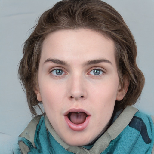 Neutral white young-adult female with medium  brown hair and blue eyes