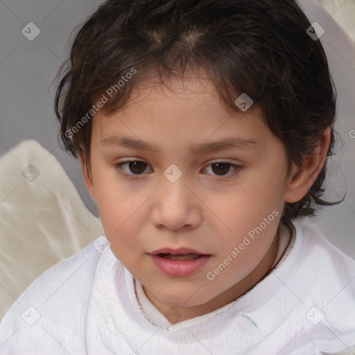 Joyful white child female with medium  brown hair and brown eyes