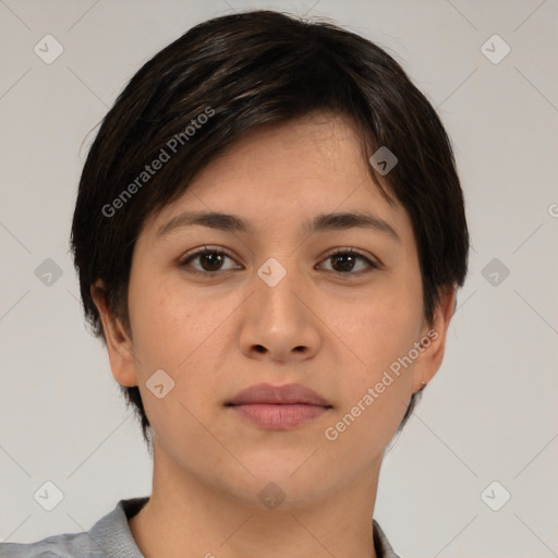 Neutral white young-adult female with short  brown hair and brown eyes