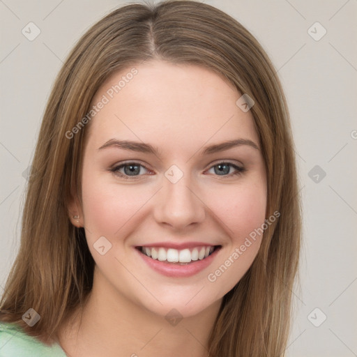 Joyful white young-adult female with long  brown hair and grey eyes