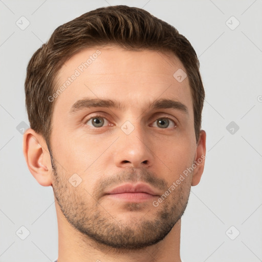 Neutral white young-adult male with short  brown hair and brown eyes