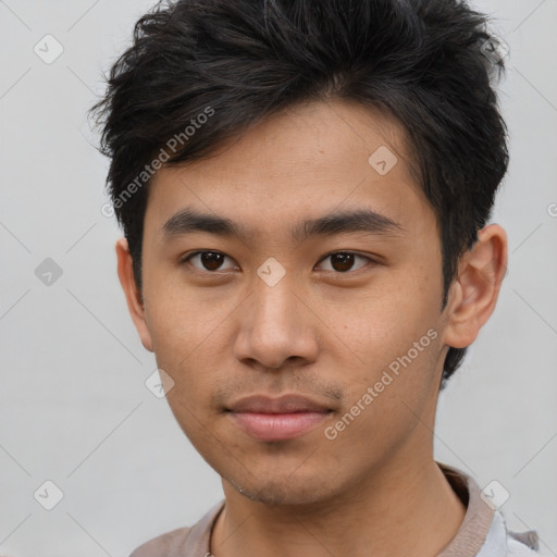 Neutral asian young-adult male with short  brown hair and brown eyes